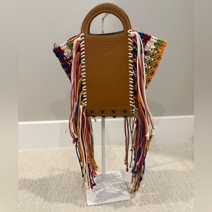 Tod’s Gommini shopping bag mini in leather and macrame multi color boho fringe